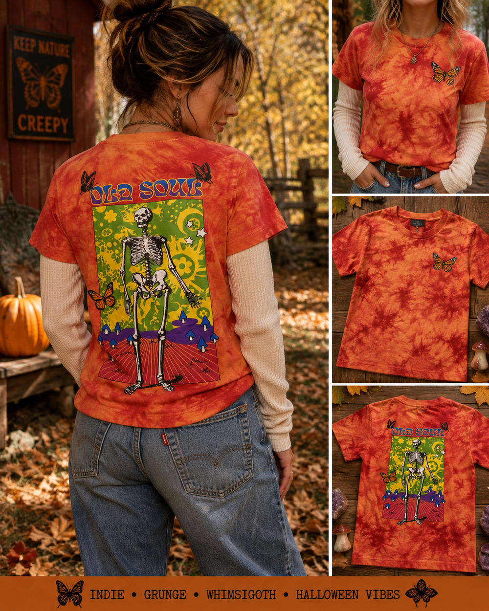 Empyre Old Soul Tie Dye T Shirt XS Orange Skeleton Graphic Hippie Grunge Cotton